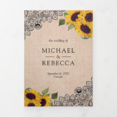 Rustic Country Burlap Lace Sunflower Wedding Photo Tri-Fold Invitation (Cover)