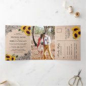 Rustic Country Burlap Lace Sunflower Wedding Photo Tri-Fold Invitation (Inside)