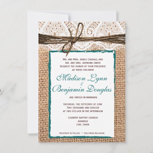 Rustic Country Burlap Lace Teal Wedding Invitation
