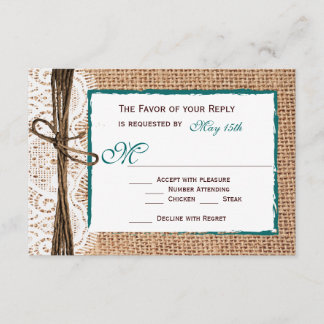 Rustic Country Burlap Lace Teal Wedding RSVP Cards