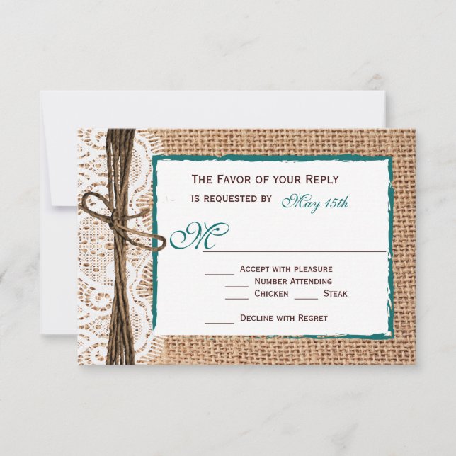 Rustic Country Burlap Lace Teal Wedding RSVP Cards (Front)