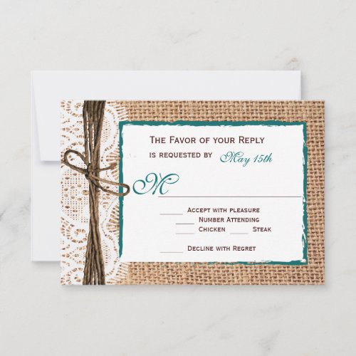 Rustic Country Burlap Lace Teal Wedding RSVP Cards