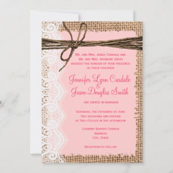 Rustic Country Burlap Lace Twine Wedding Invites by CustomWeddingSets at Zazzle