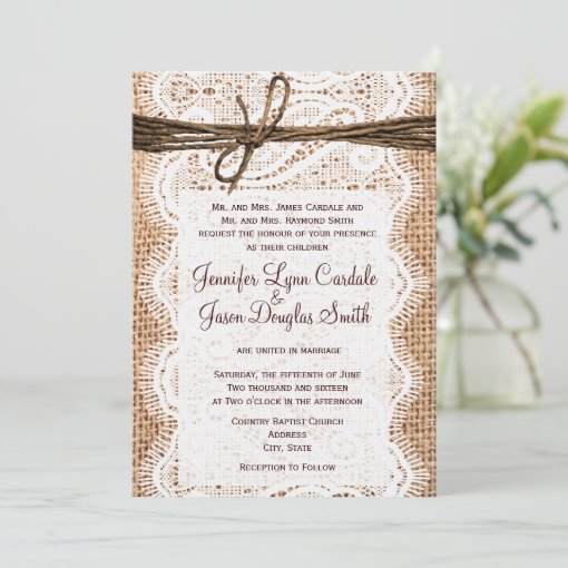 Rustic Country Burlap Lace Twine Wedding Invites Zazzle