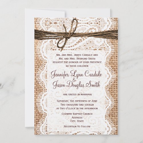 Rustic Country Burlap Lace Twine Wedding Invites