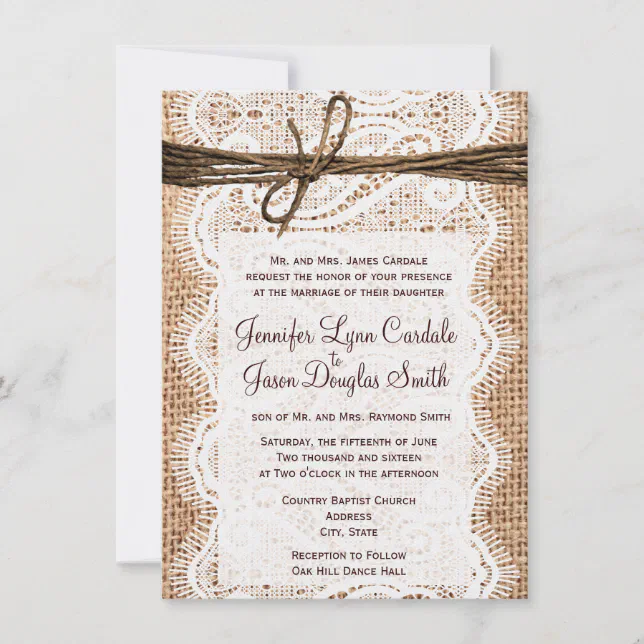 Rustic Country Burlap Lace Twine Wedding Invites Zazzle