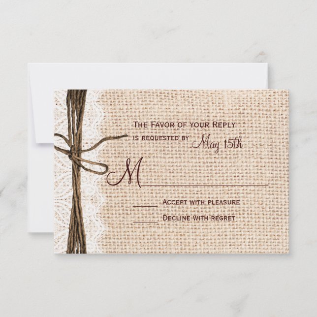 Rustic Country Burlap Lace Twine Wedding RSVP (Front)