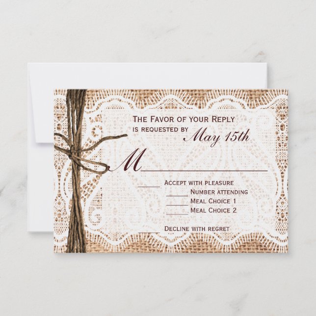Rustic Country Burlap Lace Twine Wedding RSVP (Front)