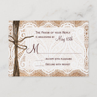 Rustic Country Burlap Lace Twine Wedding RSVP Card