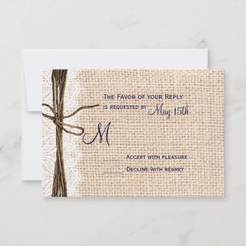 Rustic Country Burlap Lace Twine Wedding RSVP Navy