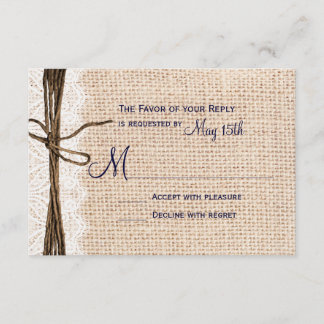 Rustic Country Burlap Lace Twine Wedding RSVP Navy Card