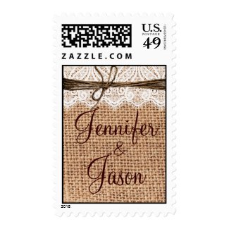 Rustic Country Burlap Lace Twine Wedding Stamps at UniqueRusticWeddingInvitations.com