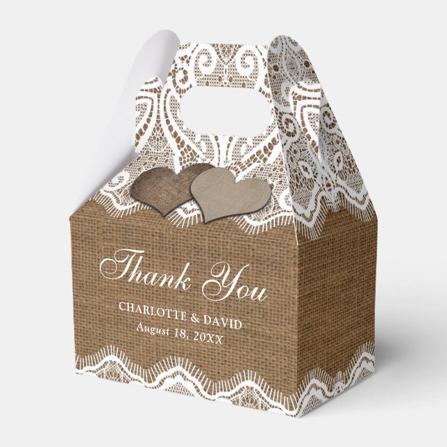 Rustic Country Burlap Lace Wedding Favor Boxes (Front Side)