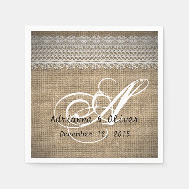 Rustic Country Burlap Lace Wedding Monogram Napkins (Front)