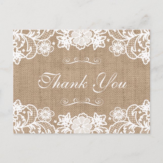 Rustic Country Burlap Lace Wedding Thank You Postcard (Front)