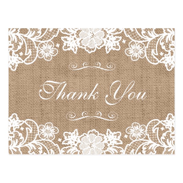 Rustic Country Burlap Lace Wedding Thank You Postcard