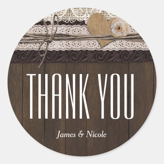 Rustic Country Burlap Lace & Wood Favor Sticker (Front)