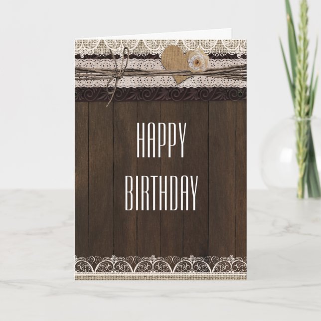 Rustic Country Burlap Lace & Wood Fold Card (Front)