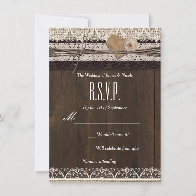 Rustic Country Burlap Lace & Wood RSVP card (Front)