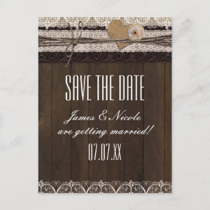 Rustic Country Burlap Lace & Wood Wedding Postcard
