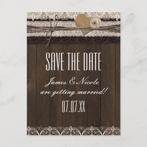 Rustic Country Burlap Lace  Wood Wedding Postcard