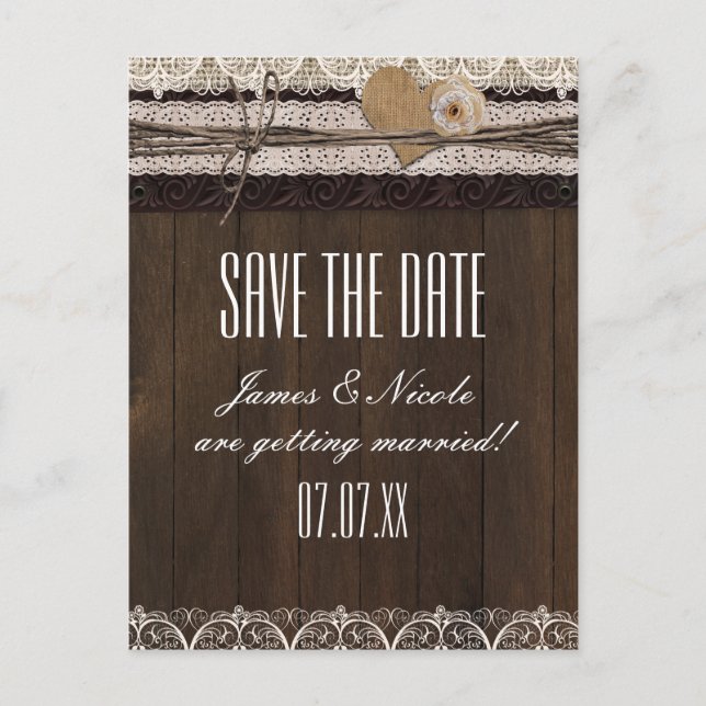 Rustic Country Burlap Lace & Wood Wedding Postcard (Front)