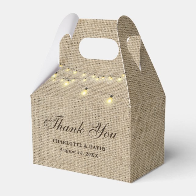 Rustic Country Burlap Lights Wedding Thank You Favor Boxes (Front Side)