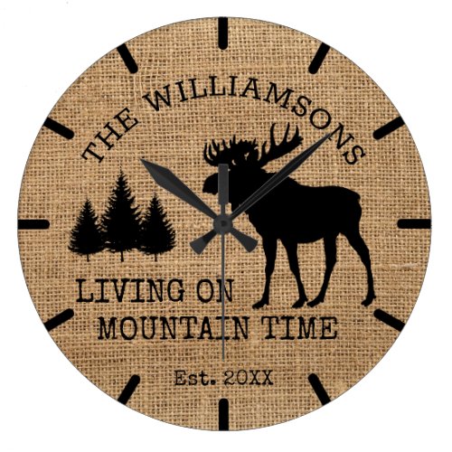 Rustic Country Burlap Living Mountain Time Moose Large Clock
