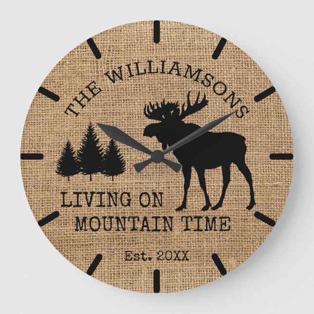 Rustic Country Burlap Living Mountain Time Moose Large Clock (Front)
