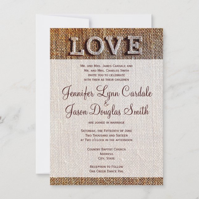 Rustic Country Burlap LOVE Wedding Invitations (Front)