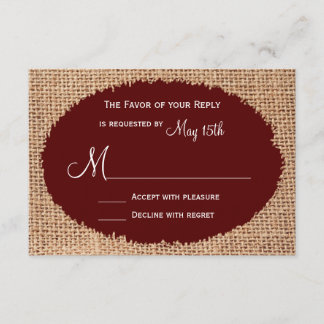 Rustic Country Burlap Maroon Red Wedding RSVP Card