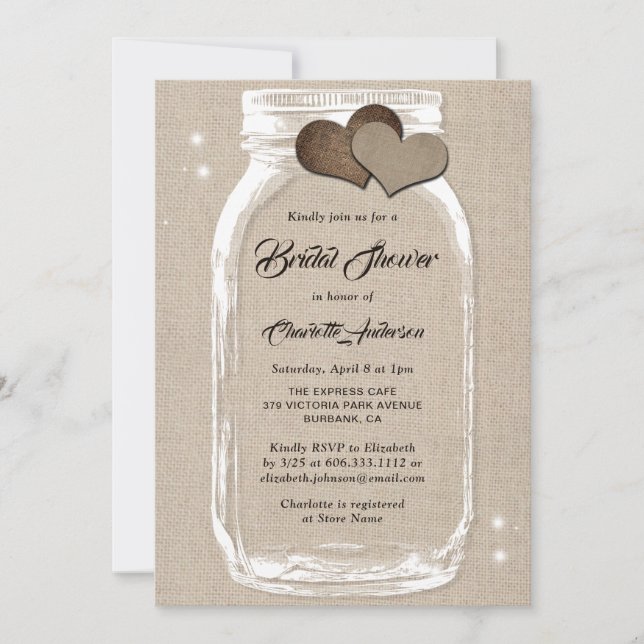 Rustic Country Burlap Mason Jar Bridal Shower Invitation (Front)