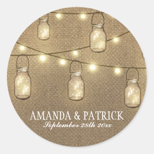 Rustic Country Burlap Mason Jar Wedding Favors Classic Round Sticker