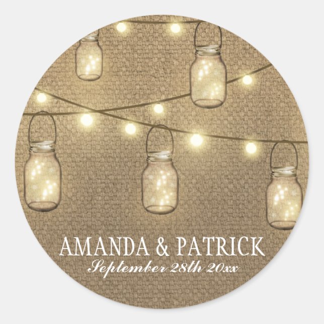 Rustic Country Burlap Mason Jar Wedding Favors Classic Round Sticker (Front)