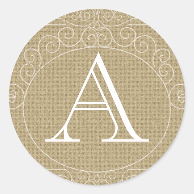 Rustic Country Burlap Monogram Wedding Favor Classic Round Sticker (Front)