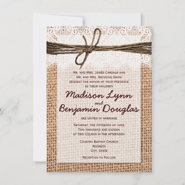 Rustic Country Burlap Print Wedding Invitations (Front)