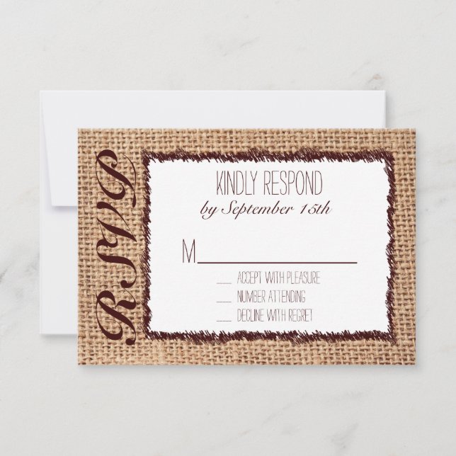 Rustic Country Burlap Print Wedding RSVP Cards (Front)