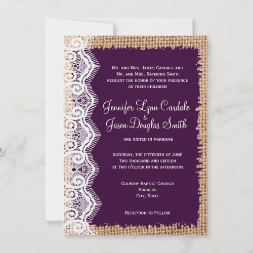 Rustic Country Burlap Purple Wedding Invitations