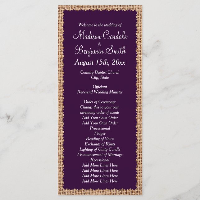 Rustic Country Burlap Purple Wedding Programs (Front)