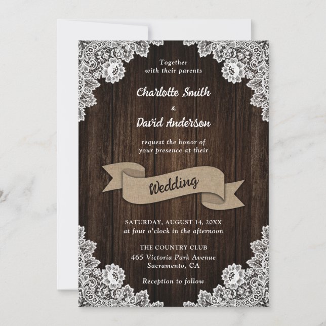 Rustic Country Burlap Ribbon Wood Lace Wedding Invitation (Front)