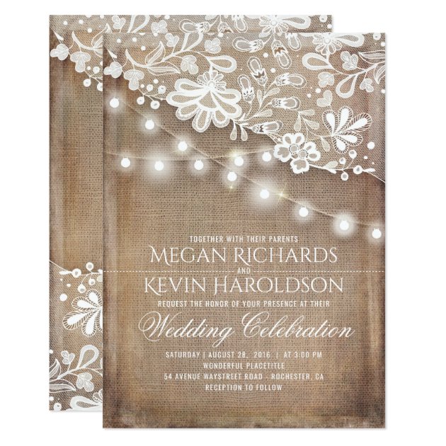 Rustic Country Burlap String Lights Lace Wedding Invitation