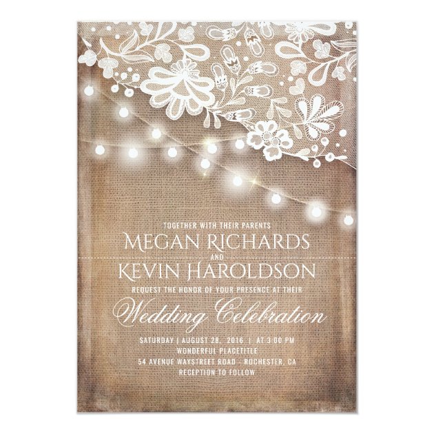 Rustic Country Burlap String Lights Lace Wedding Invitation