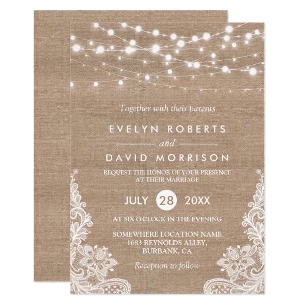 256449724542529137 Rustic Country Burlap String Lights Lace Wedding Invitation