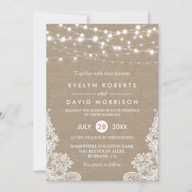 Rustic Country Burlap String Lights Lace Wedding Invitation | Zazzle