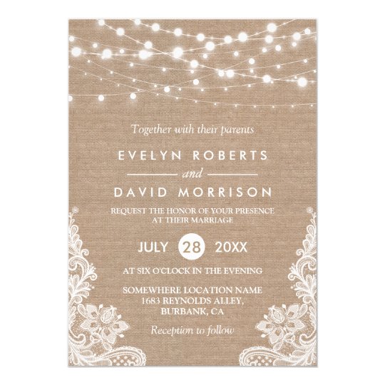 rustic country burlap string lights lace wedding invitation zazzle com