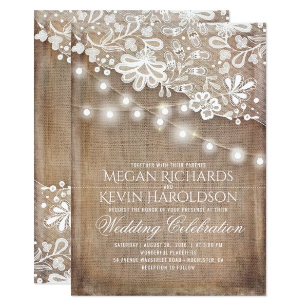 256926597111148685 Rustic Country Burlap String Lights Lace Wedding Invitation