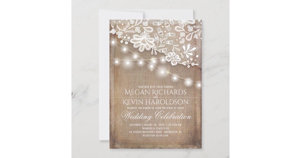 Rustic Country Burlap String Lights Lace Wedding Invitation | Zazzle