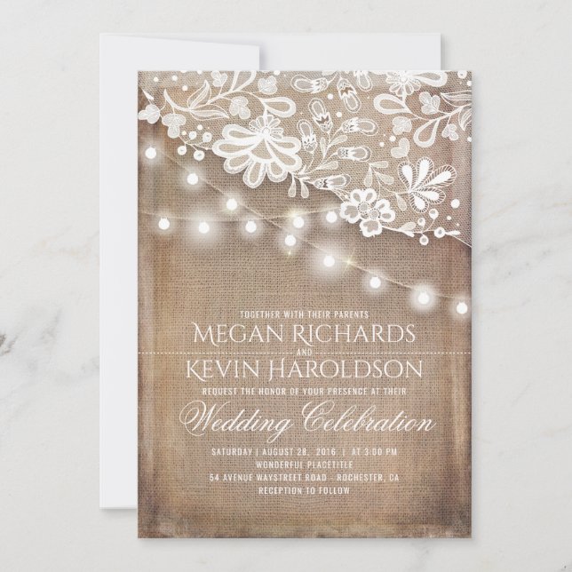 Rustic Country Burlap String Lights Lace Wedding Invitation (Front)