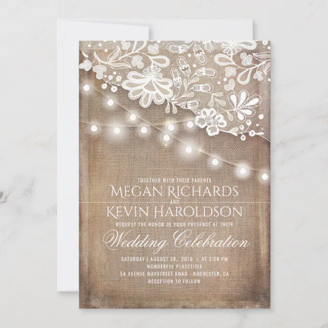 Rustic Country Burlap String Lights Lace Wedding Invitation | Zazzle