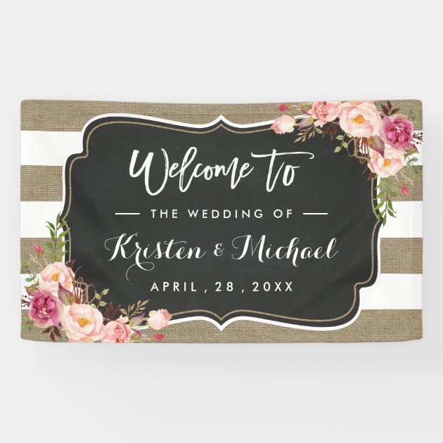 Rustic Country Burlap Stripes Floral Wedding Party Banner